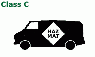 "Class C" Vehicle with a sign reading "Hazmat" on it.