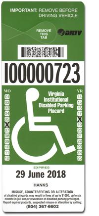 Green Virginia institutional disabled parking placard