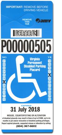 Blue Virginia permanent disabled parking placard