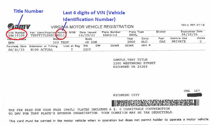 Virginia DMV registration card example
