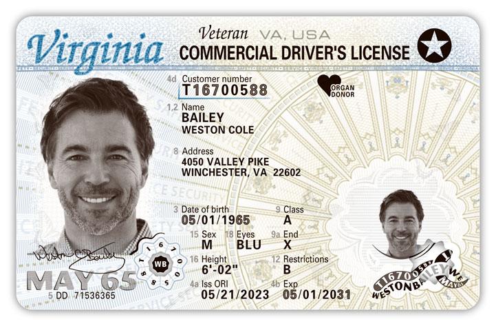 Virginia Over 21 Commercial Driver's License, REAL ID Compliant, Veteran Indicator