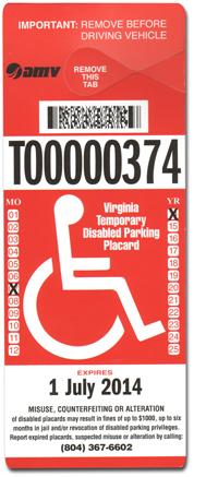 Red temporary Virginia disabled parking placard